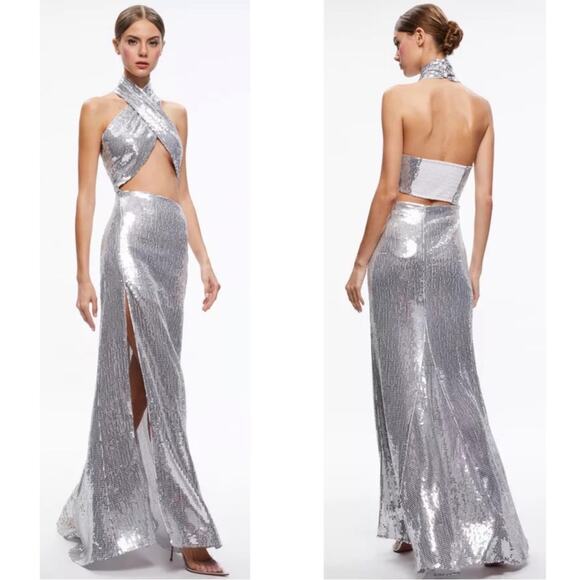 Alice + Olivia May Halterneck Silver Sequin Embellished Cutout Maxi Dress Size 8 - Picture 1 of 9